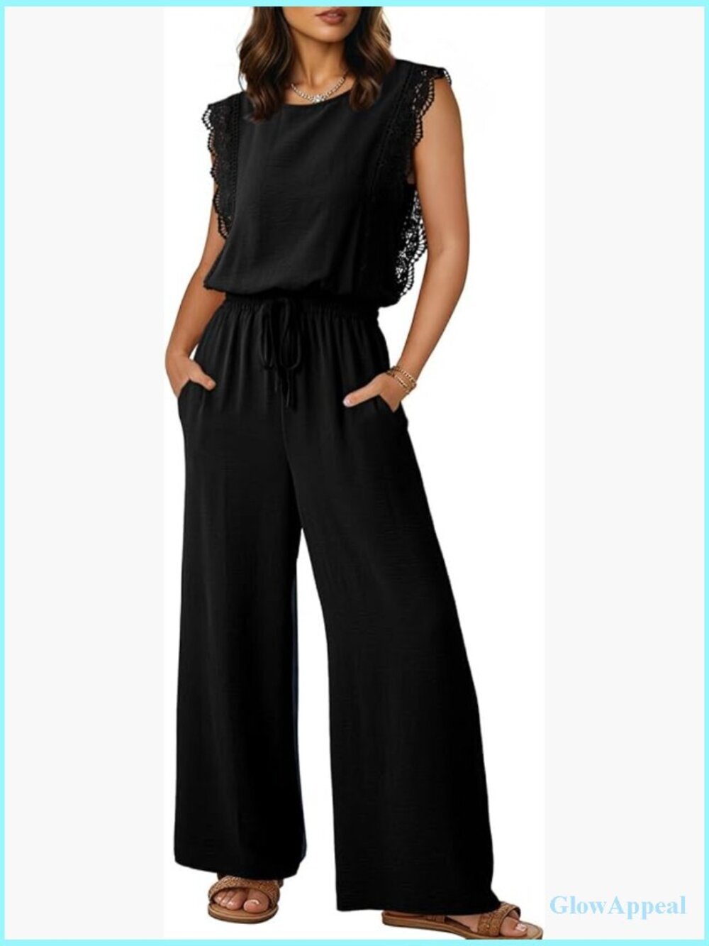 Womens Lace Cap Sleeve Drawstring Wide Leg Jumpsuit with Pockets